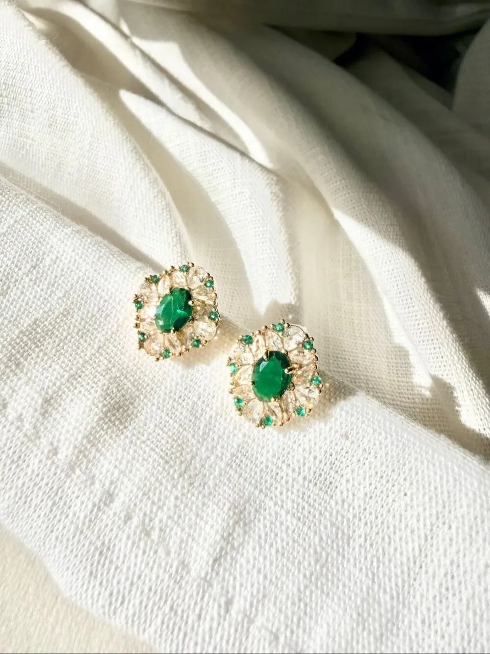 Emerald Green Cubic Zirconia Oval Halo Stud Earrings Gold Tone